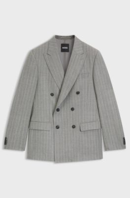 Double-breasted suit jacket in striped virgin wool, Grey Patterned