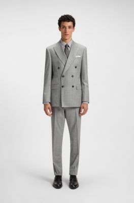 Double-breasted suit jacket in striped virgin wool, Grey Patterned