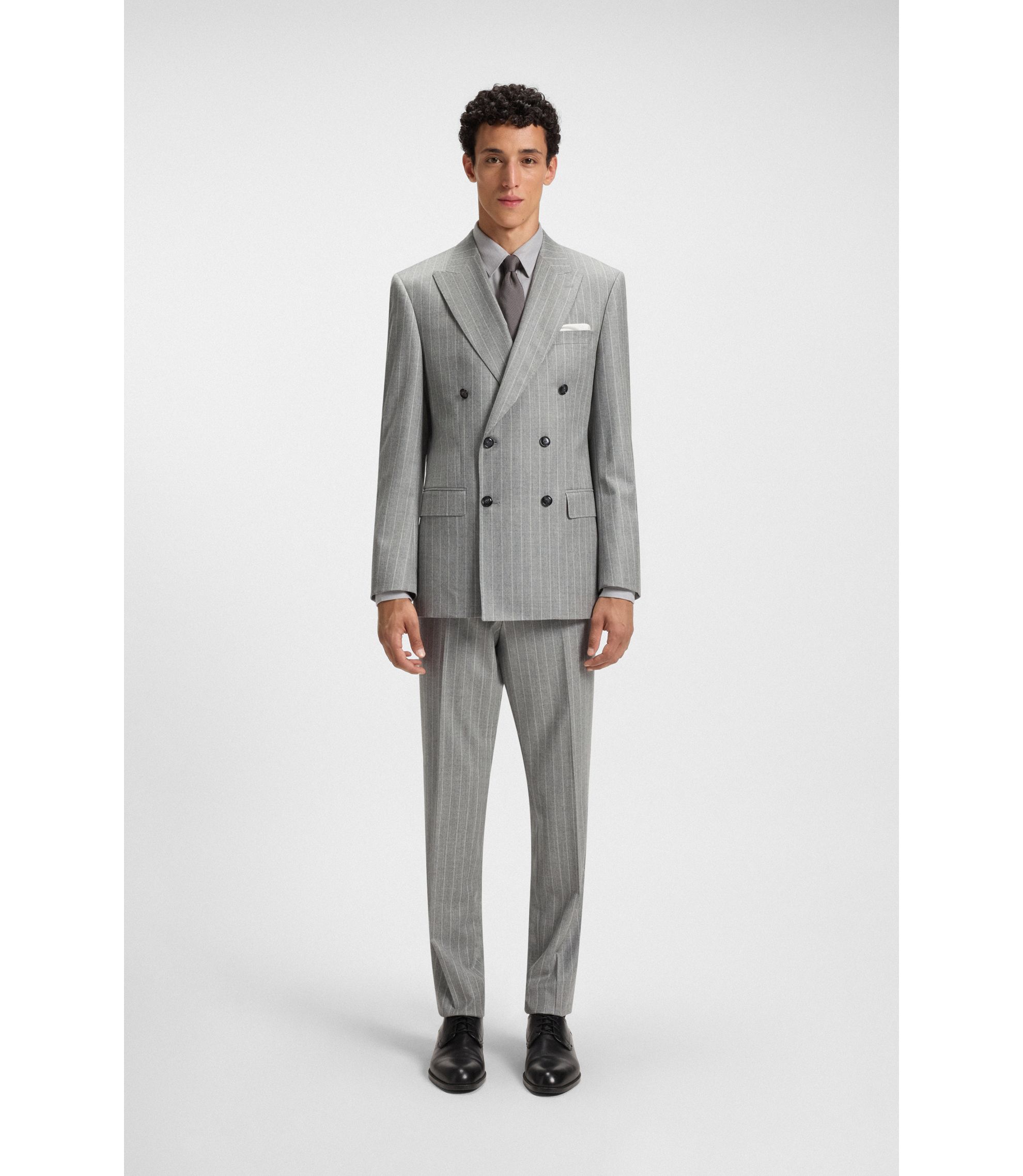 BOSS Double-breasted suit jacket in striped virgin wool Grey