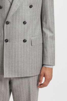Double-breasted suit jacket in striped virgin wool, Grey Patterned