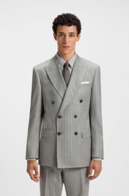 Double-breasted suit jacket in striped virgin wool, Grey Patterned