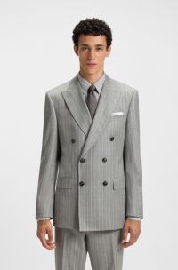 Double-breasted suit jacket in striped virgin wool, Grey Patterned