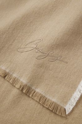 Cotton-blend scarf with handwritten logo embroidery, Beige