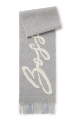 Wool-blend scarf with check and logo, Light Grey