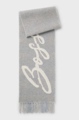 Wool-blend scarf with check and logo, Light Grey