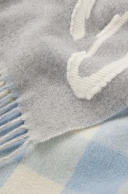 Wool-blend scarf with check and logo, Light Grey