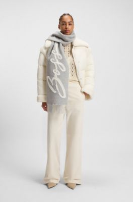 Wool-blend scarf with check and logo, Light Grey