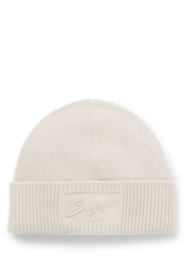 Knitted beanie hat with embroidered logo, Natural