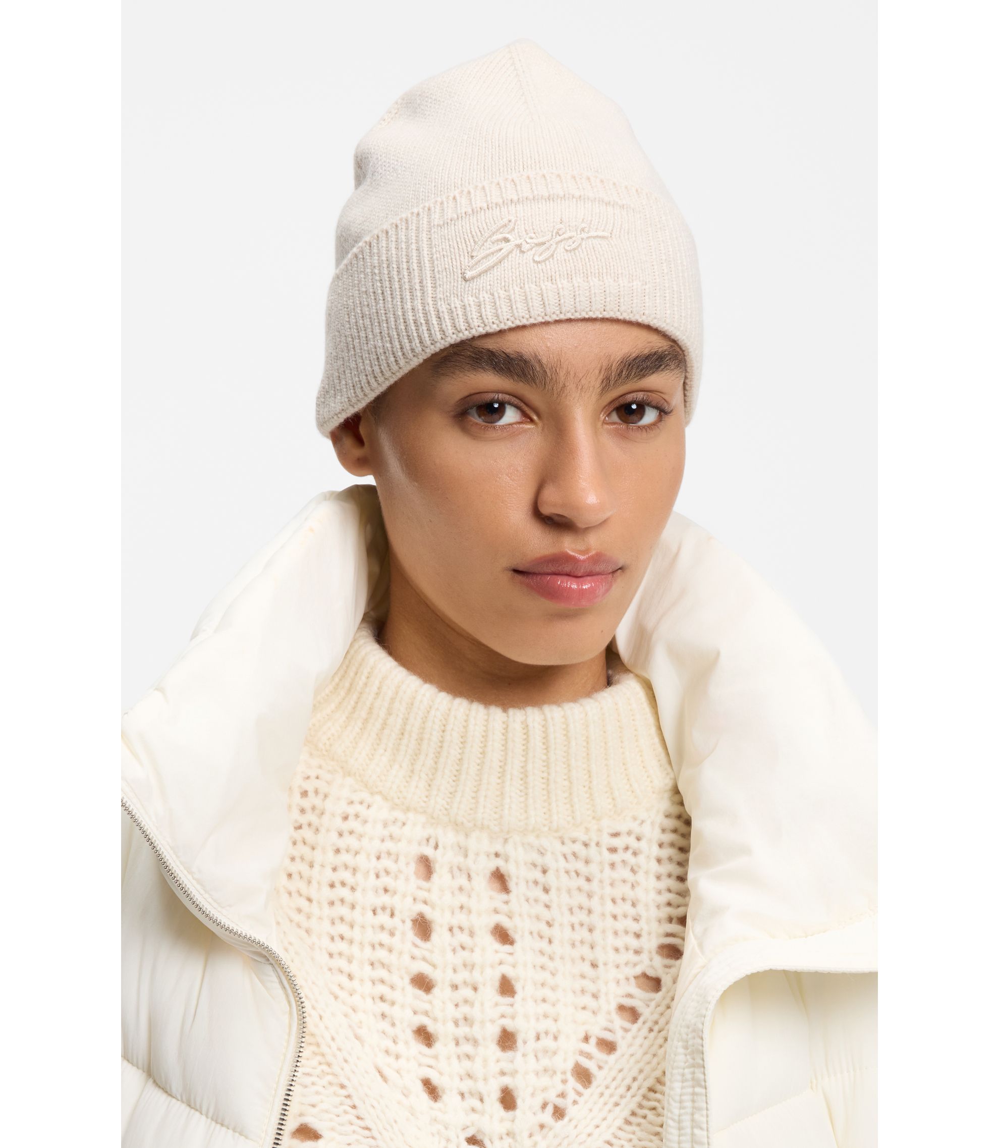 BOSS - Knitted beanie hat with embroidered logo - Natural