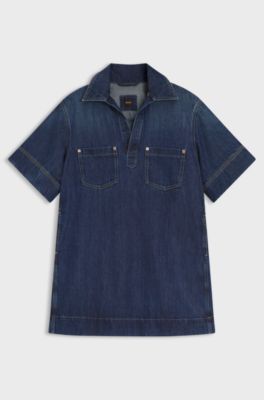 Jurk van blauw denim met Johnny-kraag, Donkerblauw