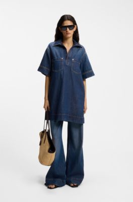 Jurk van blauw denim met Johnny-kraag, Donkerblauw