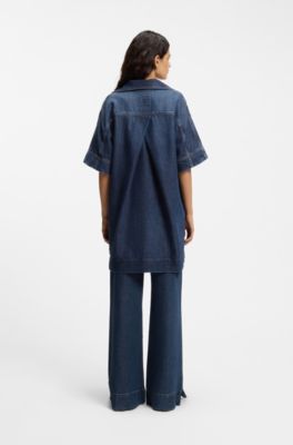 Blue-denim dress with Johnny collar, Dark Blue