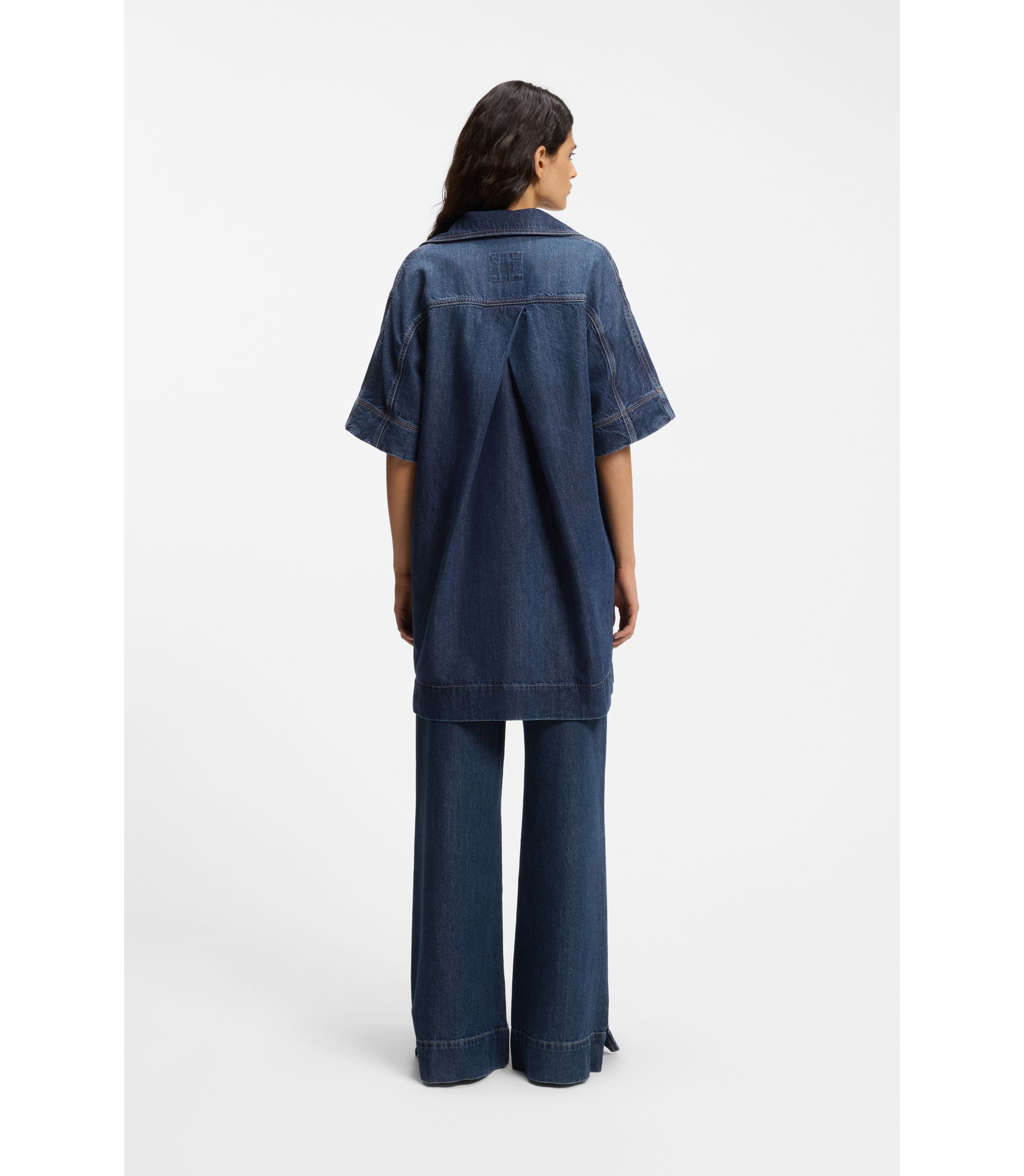 hugo boss denim dress BOSS - Wrap-front denim-look dress with balloon sleeves