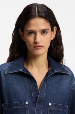 Jurk van blauw denim met Johnny-kraag, Donkerblauw