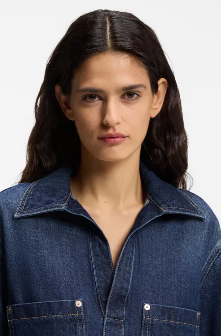 Blue-denim dress with Johnny collar