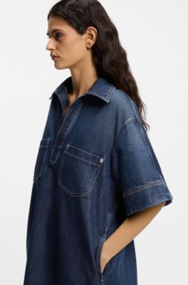 Jurk van blauw denim met Johnny-kraag, Donkerblauw