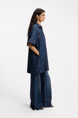 Jurk van blauw denim met Johnny-kraag, Donkerblauw
