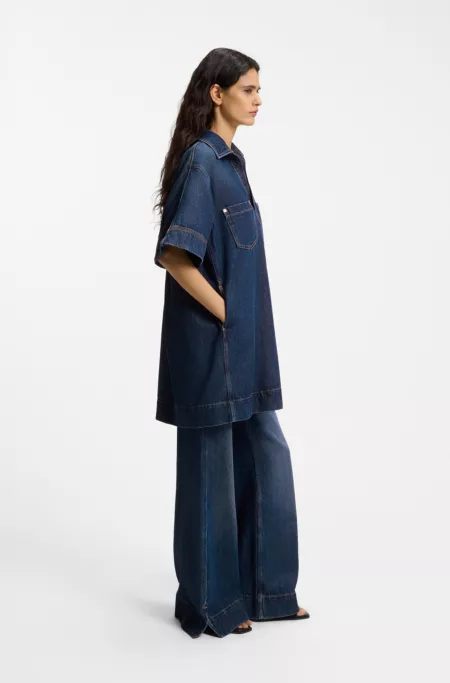 Blue-denim dress with Johnny collar