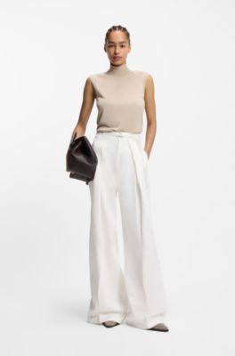 Wide-leg jeans in white denim with front pleats, Natural