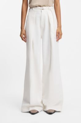 Wide-leg jeans in white denim with front pleats, White