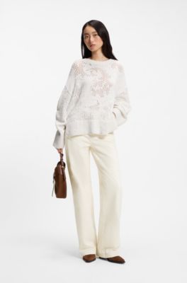 Wide-leg trousers in needle-punch cotton, Natural