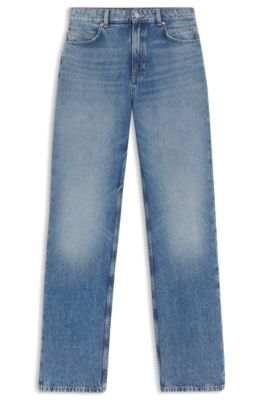 High-waisted regular-fit jeans in blue rigid denim, Blue