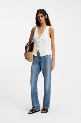 High-waisted regular-fit jeans in blue rigid denim, Blue