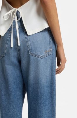 High-waisted regular-fit jeans in blue rigid denim, Blue