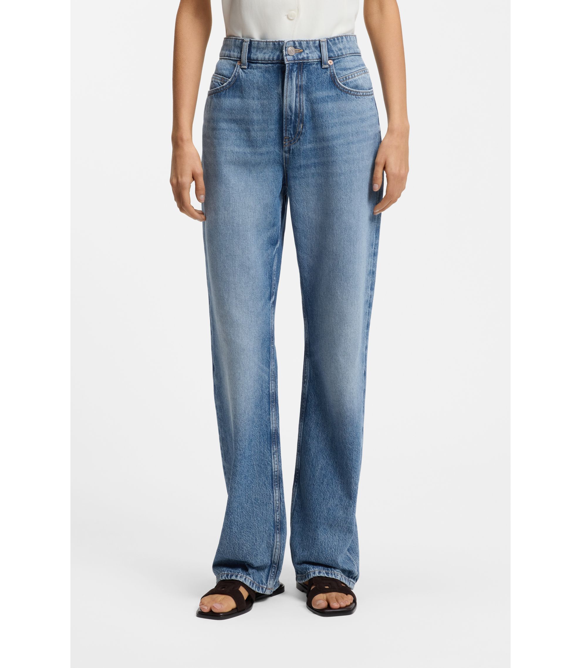 Blaue Regular-Fit Jeans mit hohem Bund aus festem Denim