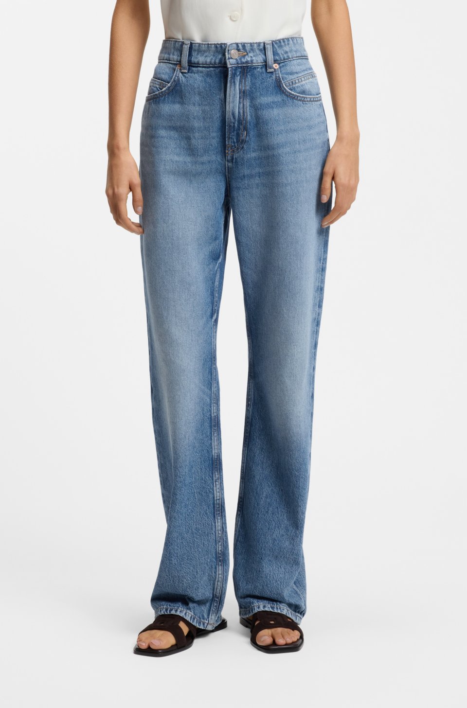 High-waisted regular-fit jeans in blue rigid denim