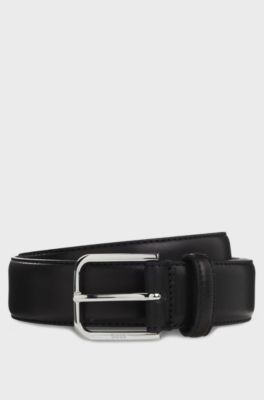 Leather business belt with polished silver buckle, Black
