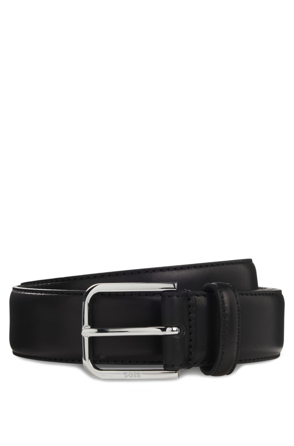 Leather business belt with polished silver buckle
