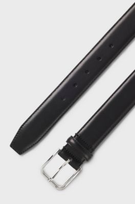 Leather business belt with polished silver buckle, Black