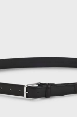 Leather business belt with polished silver buckle, Black