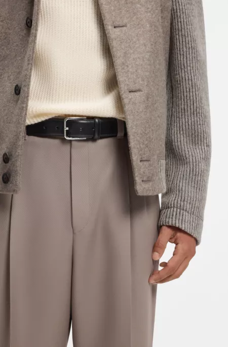 Leather business belt with polished silver buckle