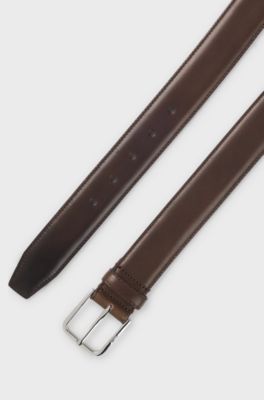 Leather business belt with polished silver buckle, Dark Brown