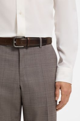 Leather business belt with polished silver buckle, Dark Brown