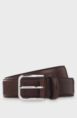 Leather business belt with polished silver buckle, Dark Brown