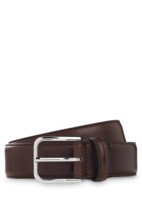 Leather business belt with polished silver buckle, Dark Brown