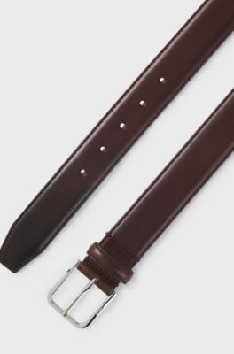 Leather business belt with polished silver buckle, Dark Brown