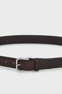 Leather business belt with polished silver buckle, Dark Brown