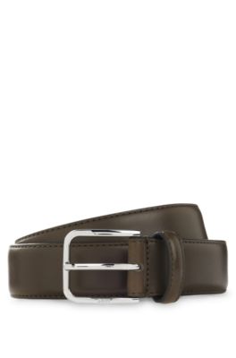 Leather business belt with polished silver buckle, Dark Green