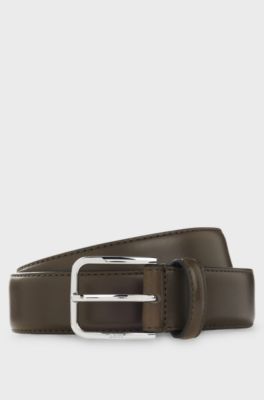 Leather business belt with polished silver buckle, Dark Green