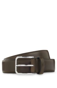 Leather business belt with polished silver buckle, Dark Green