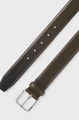 Leather business belt with polished silver buckle, Dark Green