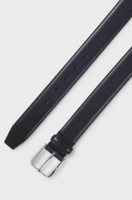 Leather business belt with polished silver buckle, Dark Blue