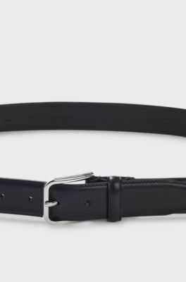 Leather business belt with polished silver buckle, Dark Blue