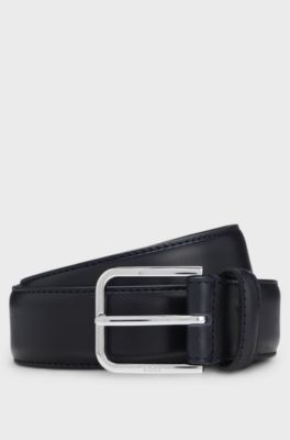 Ceinture Business en cuir avec boucle en argent poli, Bleu fonc&eacute;