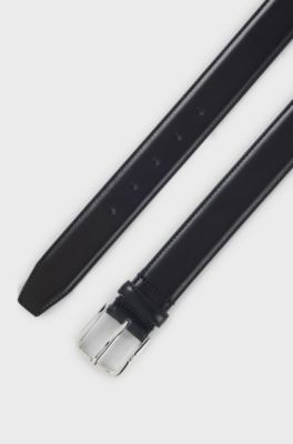 Leather business belt with polished silver buckle, Dark Blue