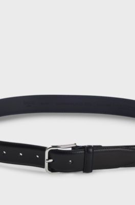 Leather business belt with polished silver buckle, Dark Blue